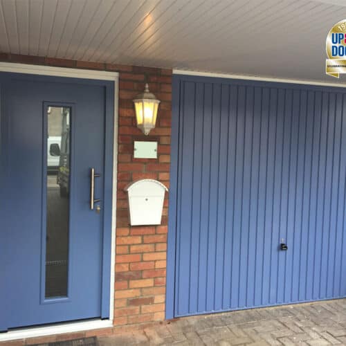 Garador Front Guard Entrance Door and Garador Carlton Up & Over Garage Door in Pigeon Blue