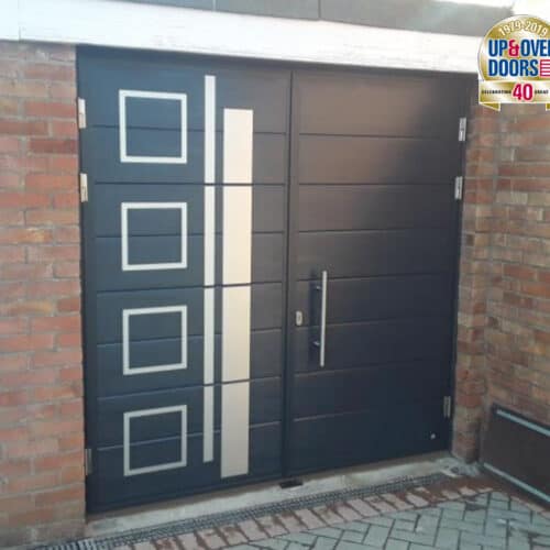 Insulated Steel Side-Hinged door with custom stainless steel decals and stainless steel bar handle.